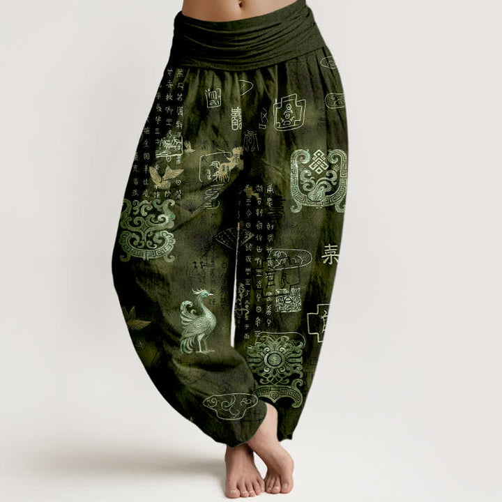 Buddha Stones Spodnie damskie typu harem z bawełny z motywem chmur Phoenix i elastyczną talią - DarkOliveGreen - US16, UK/AU20, EU48 (3XL) - image 5