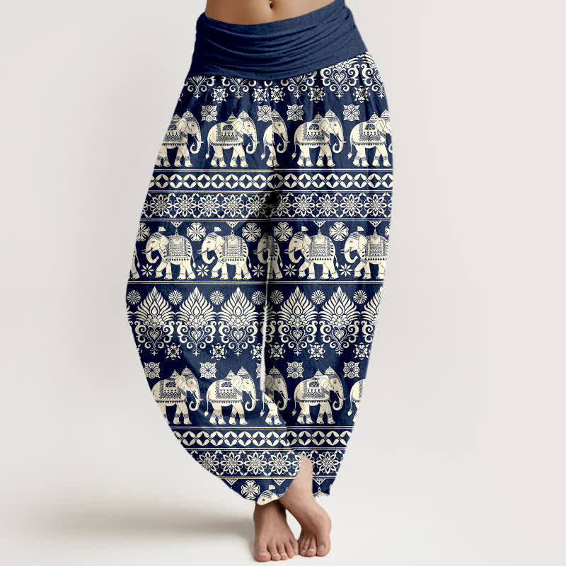 Buddha Stones Spodnie haremowe damskie z elastyczną talią i wzorem w paski z motywem słonia - Marynarka wojenna - US16, UK/AU20, EU48 (3XL) - image 0