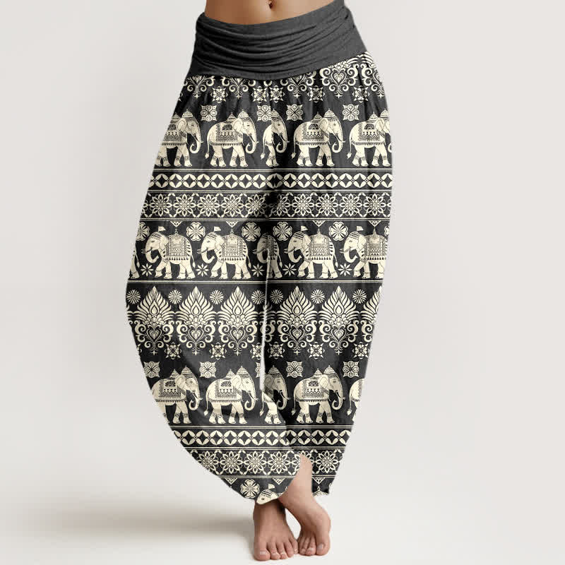 Buddha Stones Spodnie haremowe damskie z elastyczną talią i wzorem w paski z motywem słonia - DimGray - US16, UK/AU20, EU48 (3XL) - image 5