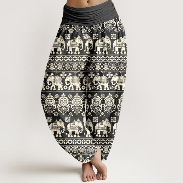 Buddha Stones Spodnie haremowe damskie z elastyczną talią i wzorem w paski z motywem słonia - DimGray - US16, UK/AU20, EU48 (3XL) - image 5