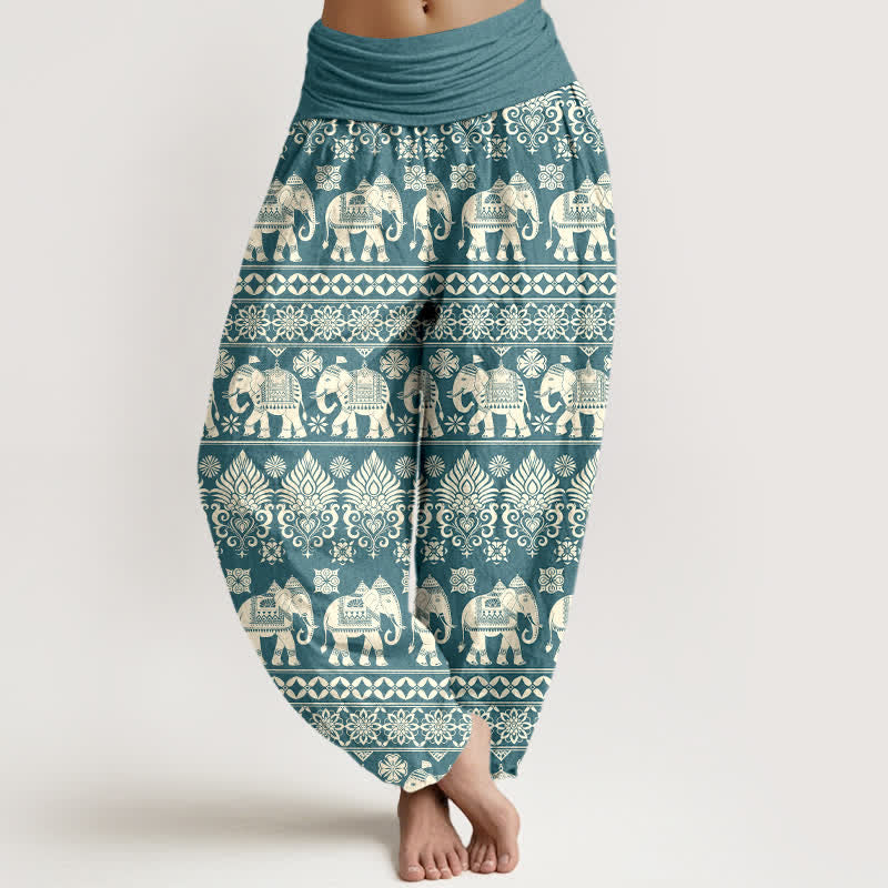 Buddha Stones Spodnie haremowe damskie z elastyczną talią i wzorem w paski z motywem słonia - Cyraneczka - US16, UK/AU20, EU48 (3XL) - image 8