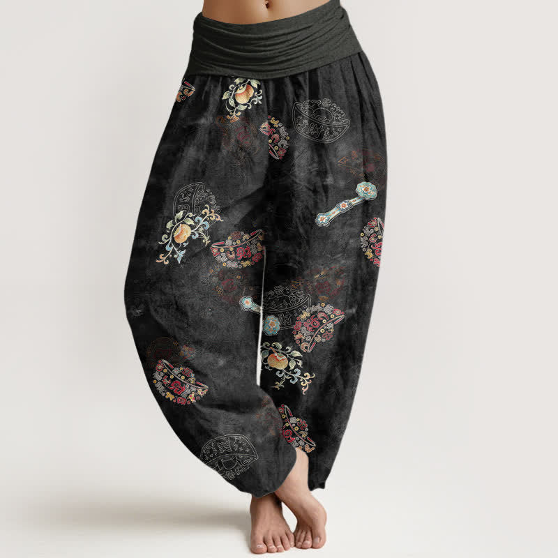 Buddha Stones Bawełniane spodnie damskie typu harem z elastycznym pasem i kwiatowym wzorem w stylu boho - Czarny - US16, UK/AU20, EU48 (3XL) - image 0