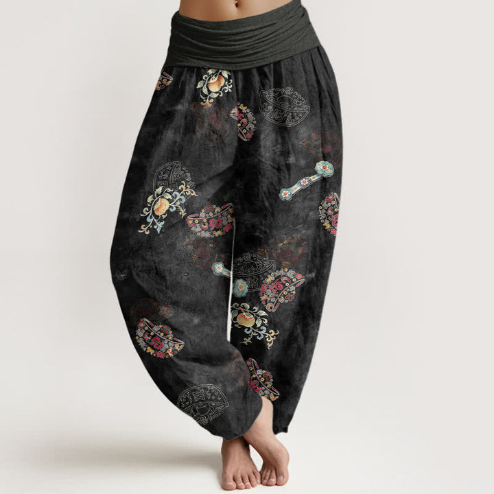 Buddha Stones Bawełniane spodnie damskie typu harem z elastycznym pasem i kwiatowym wzorem w stylu boho - Czarny - US16, UK/AU20, EU48 (3XL) - image 0