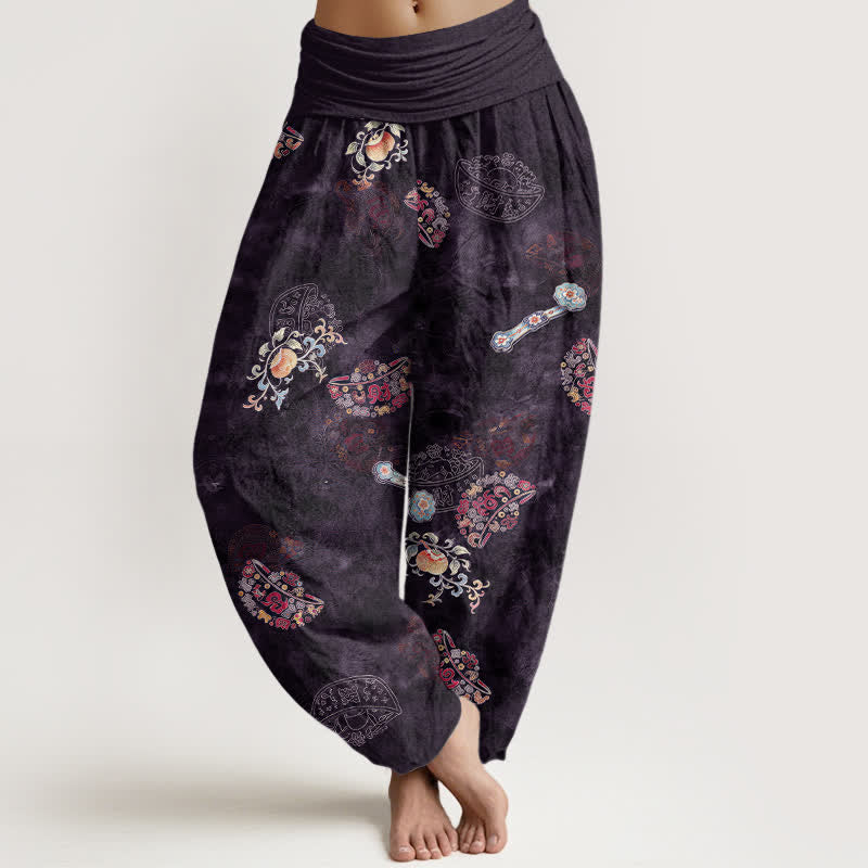 Buddha Stones Bawełniane spodnie damskie typu harem z elastycznym pasem i kwiatowym wzorem w stylu boho - Indygo - US16, UK/AU20, EU48 (3XL) - image 5