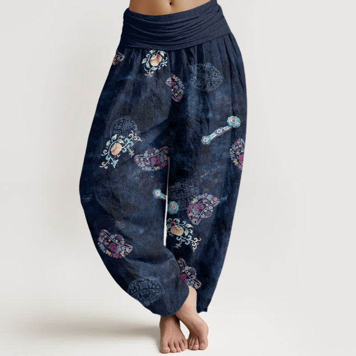 Buddha Stones Bawełniane spodnie damskie typu harem z elastycznym pasem i kwiatowym wzorem w stylu boho - Marynarka wojenna - US16, UK/AU20, EU48 (3XL) - image 8