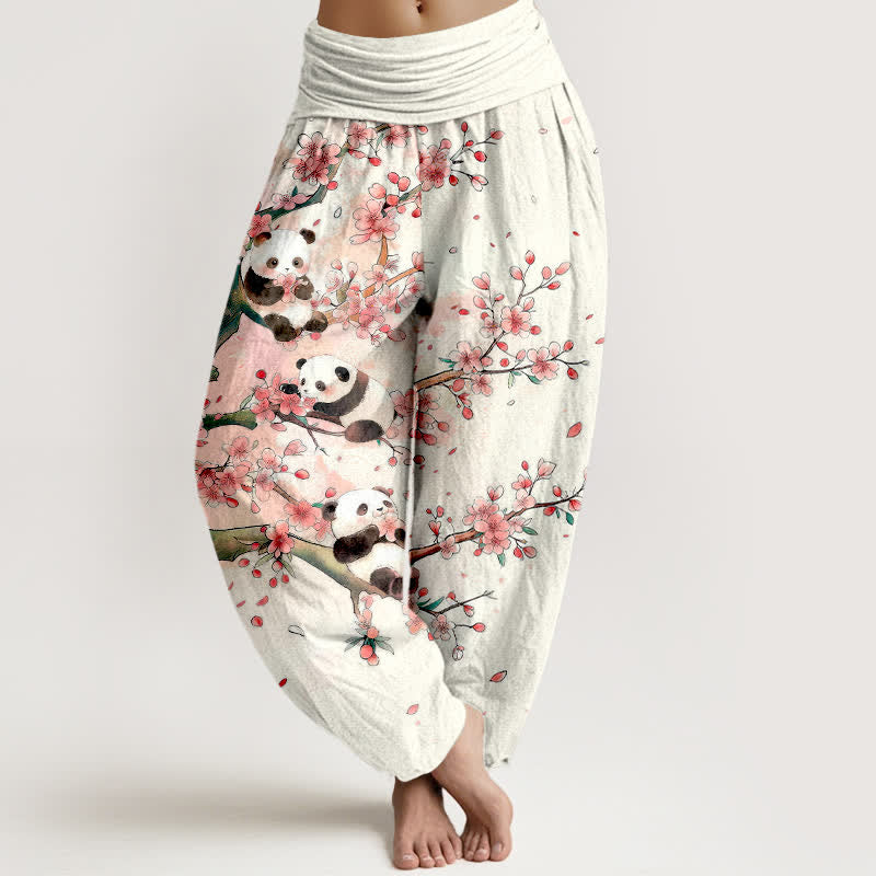 Buddha Stones Spodnie damskie typu harem z elastyczną talią i wzorem w kwiaty Sakury z bawełny panda - Biały - US16, UK/AU20, EU48 (3XL) - image 0