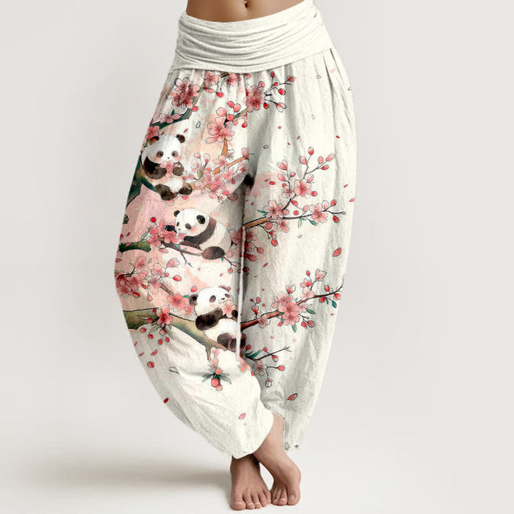Buddha Stones Spodnie damskie typu harem z elastyczną talią i wzorem w kwiaty Sakury z bawełny panda - Biały - US16, UK/AU20, EU48 (3XL) - image 0