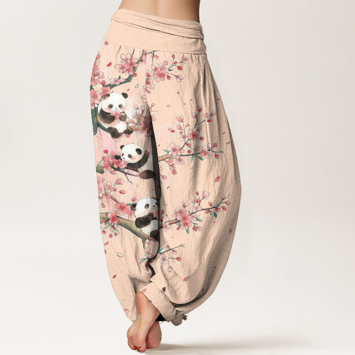 Buddha Stones Spodnie damskie typu harem z elastyczną talią i wzorem w kwiaty Sakury z bawełny panda - image 10