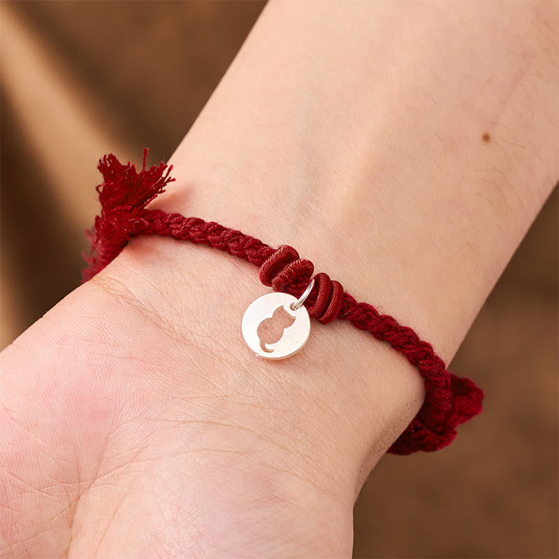 Buddha Stones Bransoletka z okrągłym, pustym zawieszką z czerwonego sznurka ochronnego w kształcie kota ze srebra próby 925 - image 15