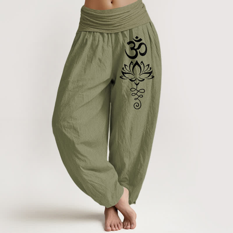 Buddha Stones Spodnie damskie harem z elastycznej talii z czystej bawełny w kolorze lotosu Om - Oliwkowy - US16, UK/AU20, EU48 (3XL) - image 14