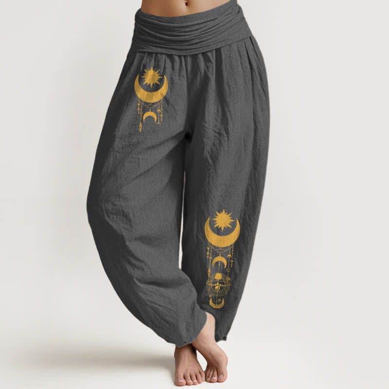 Buddha Stones Spodnie damskie haremowe z elastycznej talii z czystej bawełny w złote półksiężyce i gwiazdami - DimGray - US16, UK/AU20, EU48 (3XL) - image 0