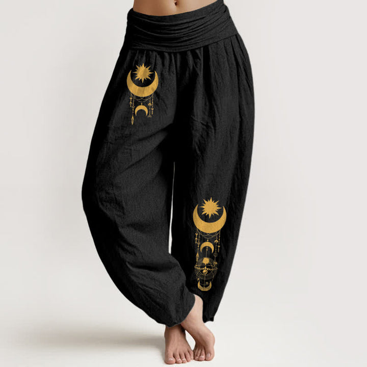 Buddha Stones Spodnie damskie haremowe z elastycznej talii z czystej bawełny w złote półksiężyce i gwiazdami - Czarny - US16, UK/AU20, EU48 (3XL) - image 5