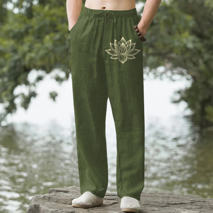 Buddha Stones Spodnie męskie zwężane z bawełny w złoty wzór lotosu z kieszeniami - DarkOliveGreen - US/UK/AU50, EU60 (5XL) - image 4
