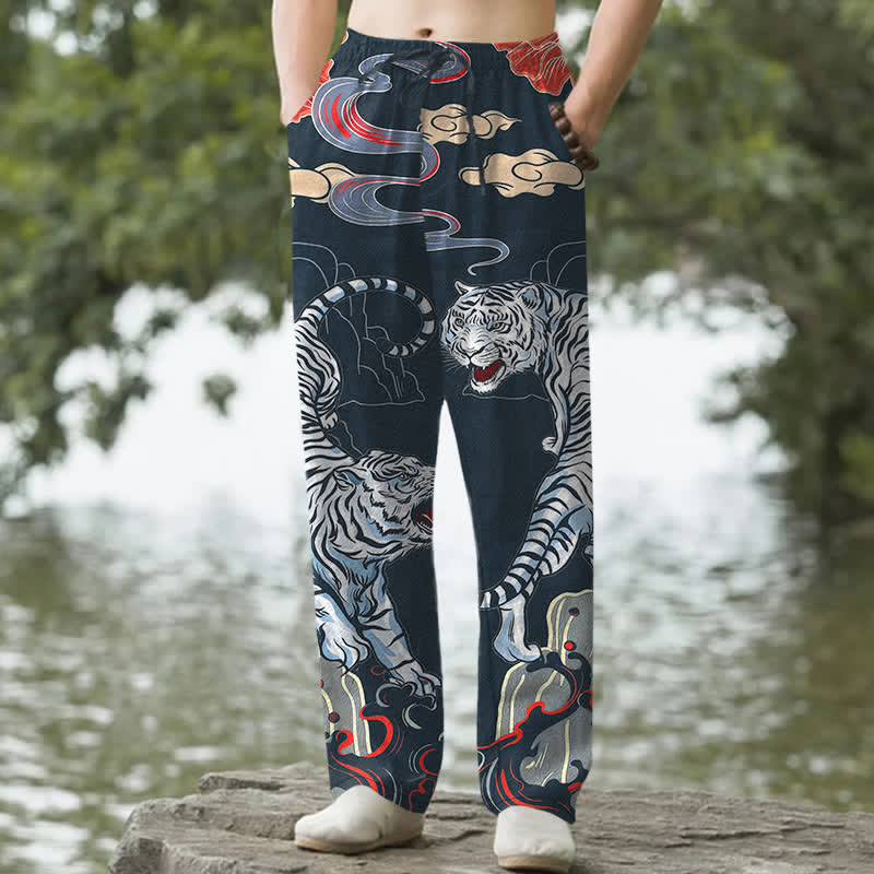 Buddha Stones Spodnie męskie zwężane z bawełny w białe, tygrysie chmury z kieszeniami - Marynarka wojenna - US/UK/AU50, EU60 (5XL) - image 4