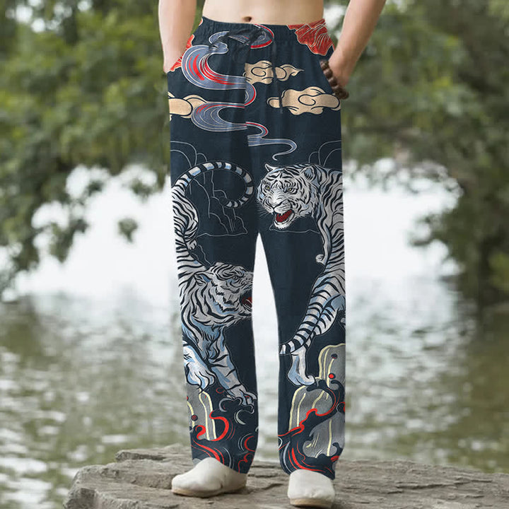 Buddha Stones Spodnie męskie zwężane z bawełny w białe, tygrysie chmury z kieszeniami - Marynarka wojenna - US/UK/AU50, EU60 (5XL) - image 4