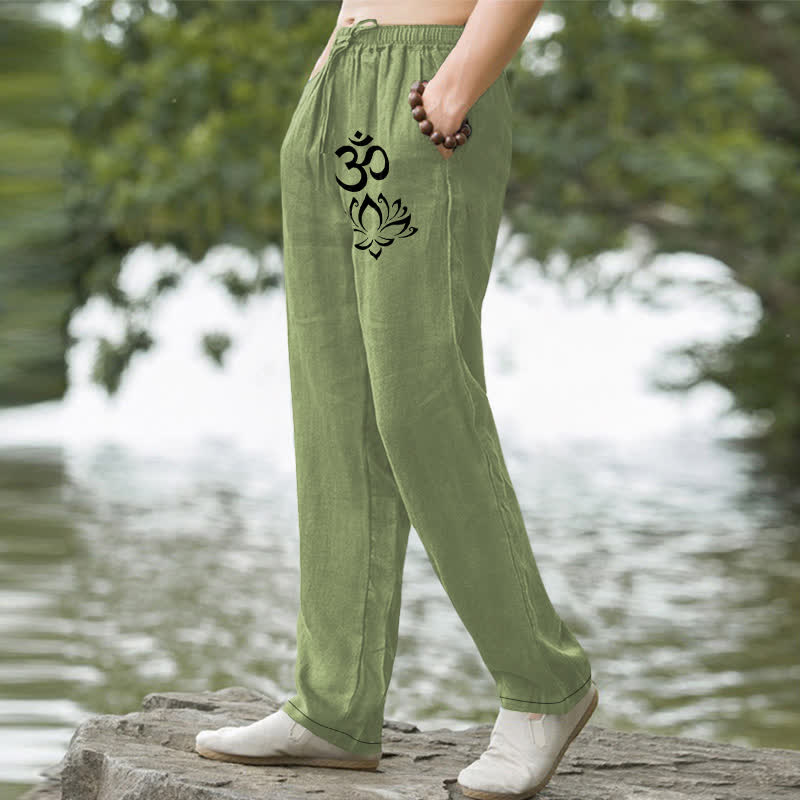 Buddha Stones Spodnie męskie zwężane z kieszeniami i wzorem Lotus Om Cotton Lotus - image 1