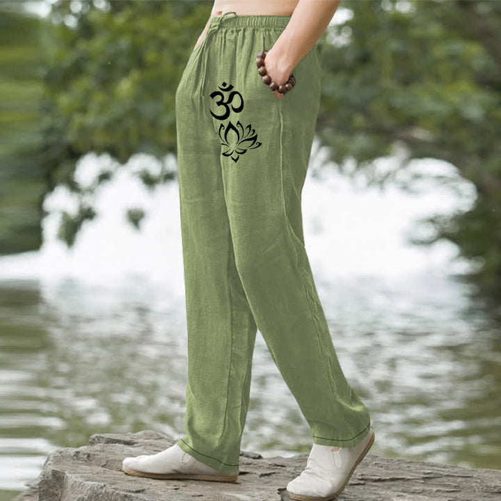 Buddha Stones Spodnie męskie zwężane z kieszeniami i wzorem Lotus Om Cotton Lotus - image 1