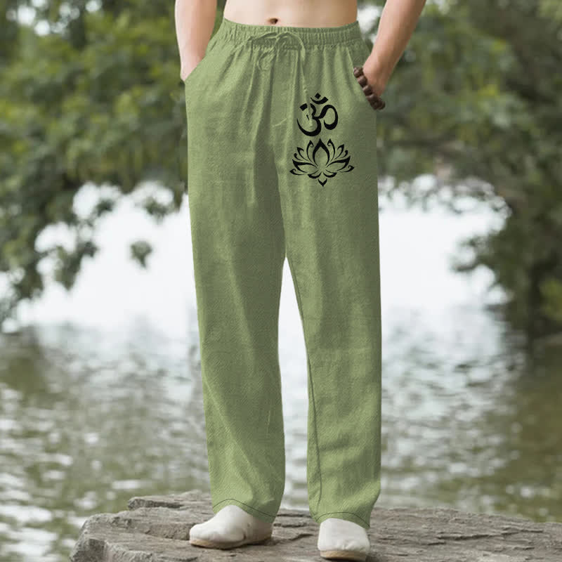 Buddha Stones Spodnie męskie zwężane z kieszeniami i wzorem Lotus Om Cotton Lotus - Oliwkowy - US/UK/AU50, EU60 (5XL) - image 0