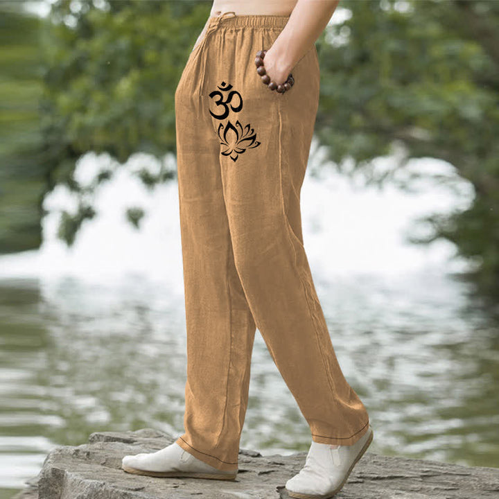 Buddha Stones Spodnie męskie zwężane z kieszeniami i wzorem Lotus Om Cotton Lotus - image 5