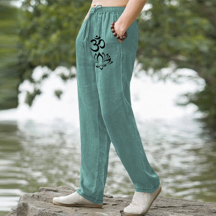 Buddha Stones Spodnie męskie zwężane z kieszeniami i wzorem Lotus Om Cotton Lotus - image 7