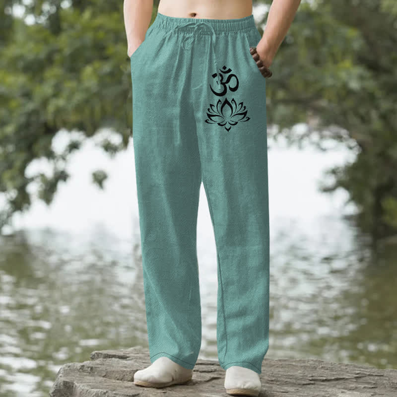 Buddha Stones Spodnie męskie zwężane z kieszeniami i wzorem Lotus Om Cotton Lotus - Średnioturkusowy - US/UK/AU50, EU60 (5XL) - image 6