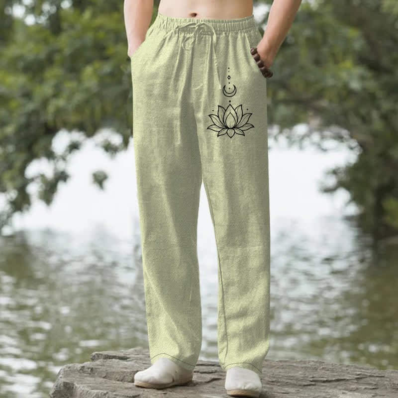 Buddha Stones Spodnie męskie zwężane z bawełny z motywem księżyca i lotosu z kieszeniami - Jasnozielony - US/UK/AU50, EU60 (5XL) - image 4