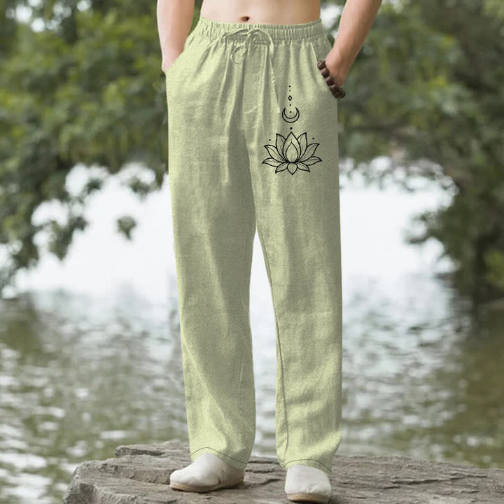 Buddha Stones Spodnie męskie zwężane z bawełny z motywem księżyca i lotosu z kieszeniami - Jasnozielony - US/UK/AU50, EU60 (5XL) - image 4
