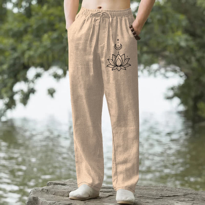 Buddha Stones Spodnie męskie zwężane z bawełny z motywem księżyca i lotosu z kieszeniami - BurlyWood - US/UK/AU50, EU60 (5XL) - image 6