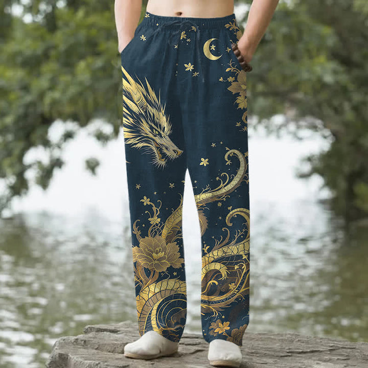 Buddha Stones Spodnie męskie zwężane z bawełny w złoty wzór smoka i chmurki z kieszeniami - Marynarka wojenna - US/UK/AU50, EU60 (5XL) - image 4
