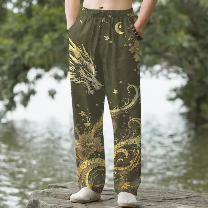 Buddha Stones Spodnie męskie zwężane z bawełny w złoty wzór smoka i chmurki z kieszeniami - DarkOliveGreen - US/UK/AU50, EU60 (5XL) - image 6