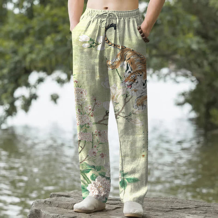 Buddha Stones Spodnie męskie zwężane z bawełny w stylu vintage z motywem kwiatowym i tygrysem, z kieszeniami - PaleGreen - US/UK/AU50, EU60 (5XL) - image 4