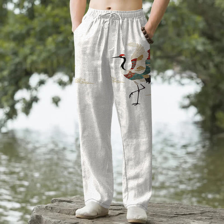 Buddha Stones Spodnie męskie zwężane z bawełny w kolorze białym z wzorem fali żurawia i kieszeniami - Biały - US/UK/AU50, EU60 (5XL) - image 0