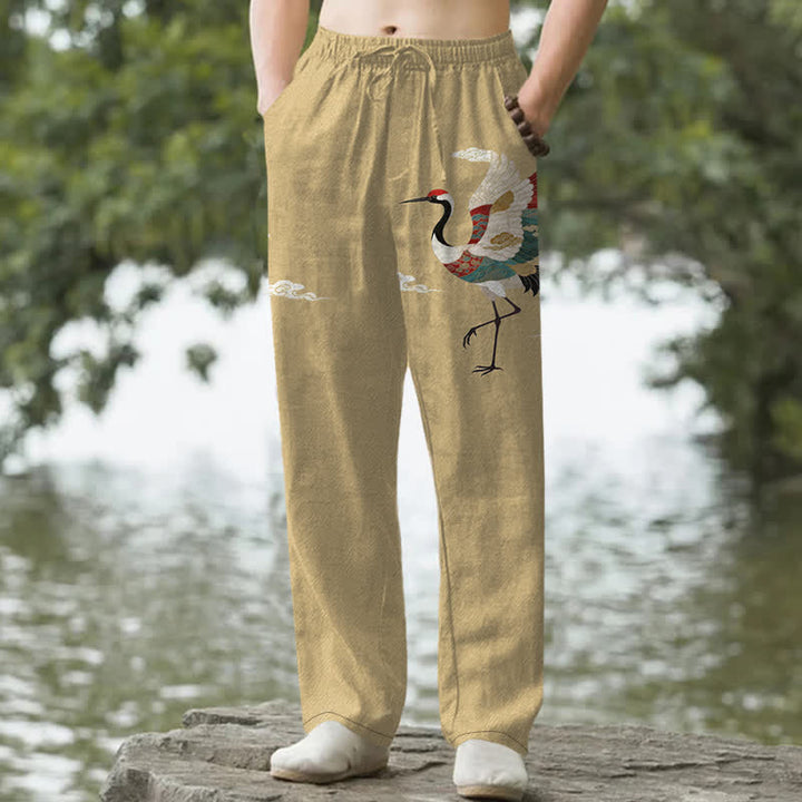 Buddha Stones Spodnie męskie zwężane z bawełny w kolorze białym z wzorem fali żurawia i kieszeniami - Dębnik - US/UK/AU50, EU60 (5XL) - image 4