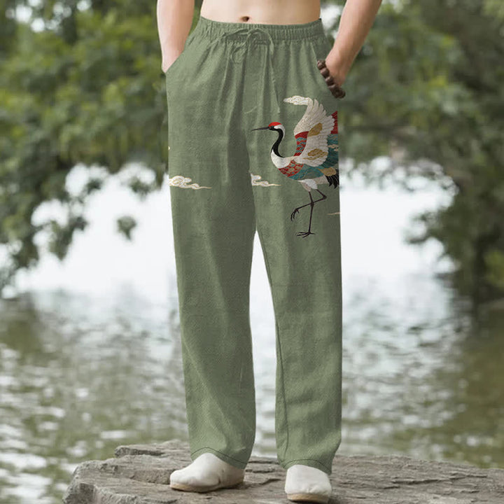 Buddha Stones Spodnie męskie zwężane z bawełny w kolorze białym z wzorem fali żurawia i kieszeniami - Oliwkowy - US/UK/AU50, EU60 (5XL) - image 6