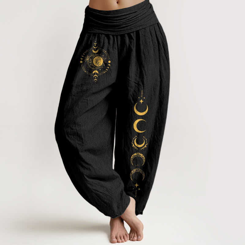 Buddha Stones Spodnie damskie haremowe z elastycznej talii, z czystej bawełny, w złoty wzór faz księżyca - Czarny - US16, UK/AU20, EU48 (3XL) - image 0