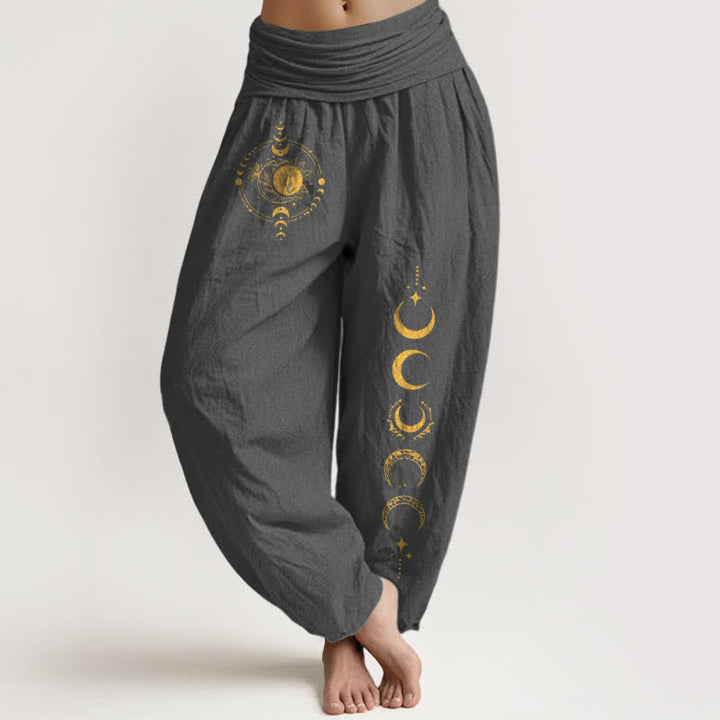 Buddha Stones Spodnie damskie haremowe z elastycznej talii, z czystej bawełny, w złoty wzór faz księżyca - DimGray - US16, UK/AU20, EU48 (3XL) - image 5