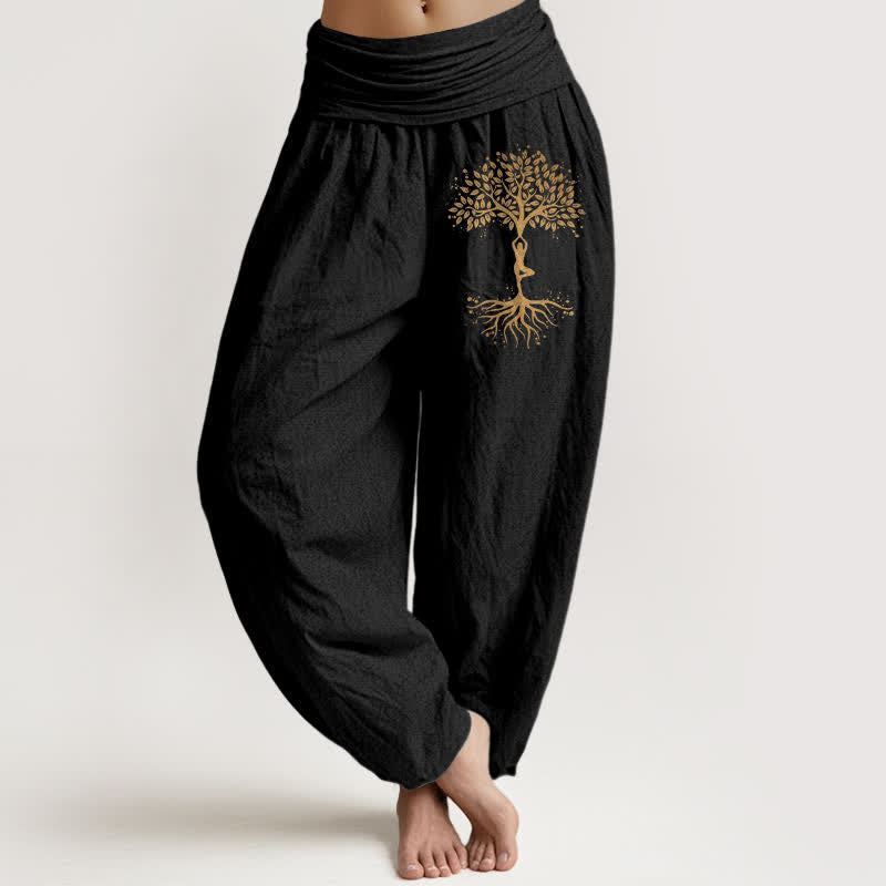 Buddha Stones Spodnie damskie haremowe z elastycznej talii z czystej bawełny w złoty wzór drzewa życia - Czarny - US16, UK/AU20, EU48 (3XL) - image 0