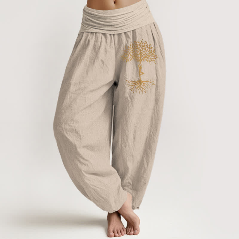 Buddha Stones Spodnie damskie haremowe z elastycznej talii z czystej bawełny w złoty wzór drzewa życia - Dębnik - US16, UK/AU20, EU48 (3XL) - image 14