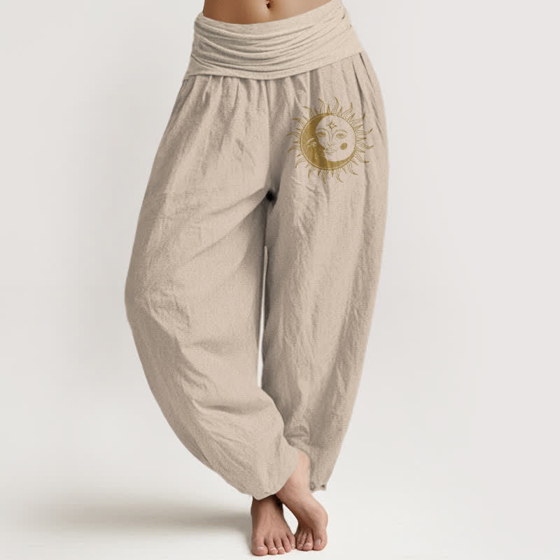 Buddha Stones Spodnie damskie harem z elastycznej talii z czystej bawełny w złotym wzorze słońca i księżyca - Dębnik - US16, UK/AU20, EU48 (3XL) - image 14
