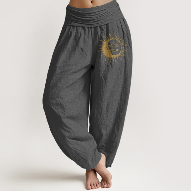 Buddha Stones Spodnie damskie harem z elastycznej talii z czystej bawełny w złotym wzorze słońca i księżyca - DimGray - US16, UK/AU20, EU48 (3XL) - image 5