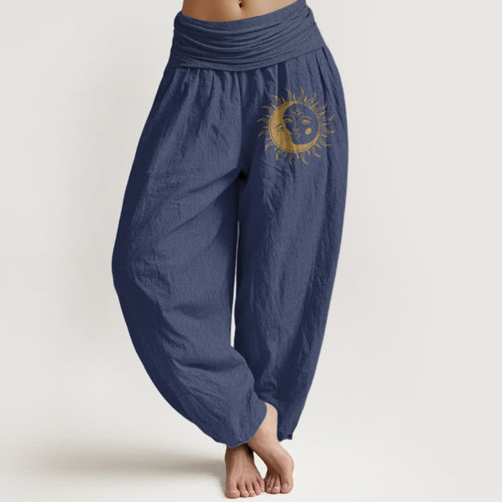 Buddha Stones Spodnie damskie harem z elastycznej talii z czystej bawełny w złotym wzorze słońca i księżyca - DarkSlateBlue - US16, UK/AU20, EU48 (3XL) - image 8