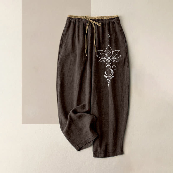 Buddha Stones Spodnie damskie z elastycznej talii z kieszeniami, z czystej bawełny, wzór Zen Lotus Om - SaddleBrown - US16, UK/AU20, EU48 (3XL) - image 4
