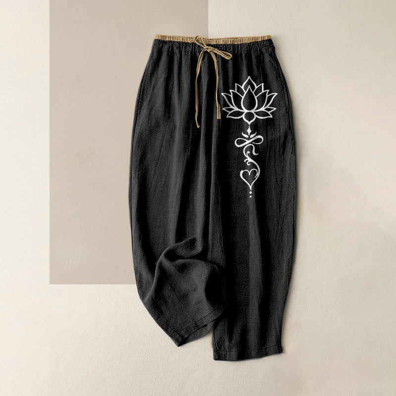Buddha Stones Spodnie damskie z elastycznej talii z kieszeniami, z czystej bawełny, w białe wzory z motywem lotosu - Czarny - US16, UK/AU20, EU48 (3XL) - image 0