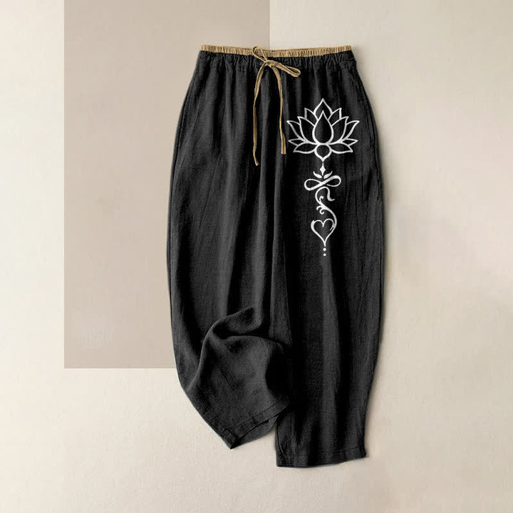 Buddha Stones Spodnie damskie z elastycznej talii z kieszeniami, z czystej bawełny, w białe wzory z motywem lotosu - Czarny - US16, UK/AU20, EU48 (3XL) - image 0