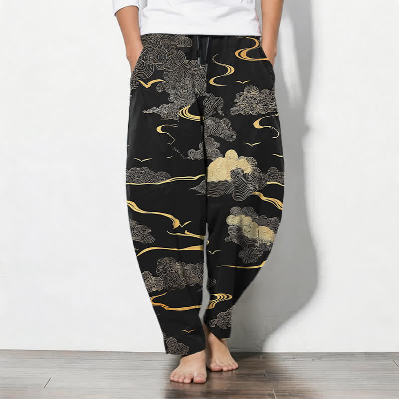 Buddha Stones Spodnie męskie zwężane z czystej bawełny ze wzorem Golden Cloud Wave i ściągaczem, z kieszeniami - Czarny - US/UK/AU50, EU60 (5XL) - image 0