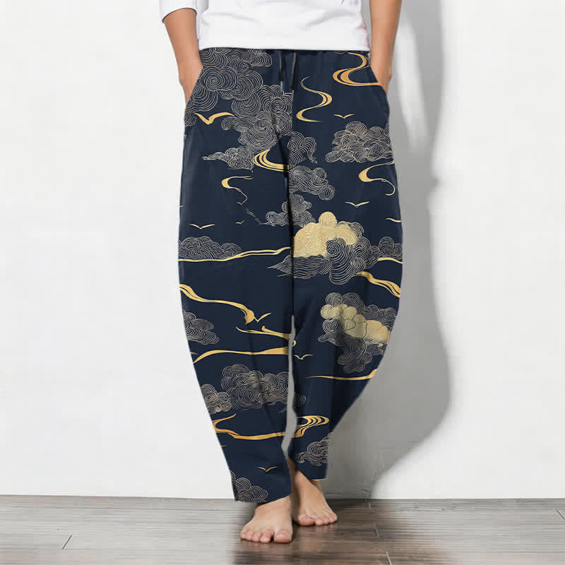 Buddha Stones Spodnie męskie zwężane z czystej bawełny ze wzorem Golden Cloud Wave i ściągaczem, z kieszeniami - Marynarka wojenna - US/UK/AU50, EU60 (5XL) - image 11
