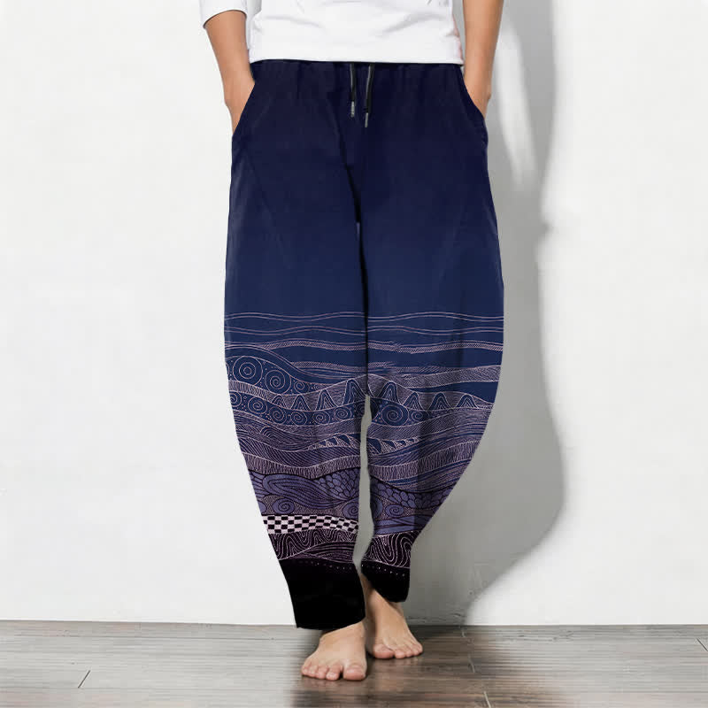 Buddha Stones Spodnie męskie zwężane z czystej bawełny z motywem falistym i ściągaczem, z kieszeniami - Marynarka wojenna - US/UK/AU50, EU60 (5XL) - image 7