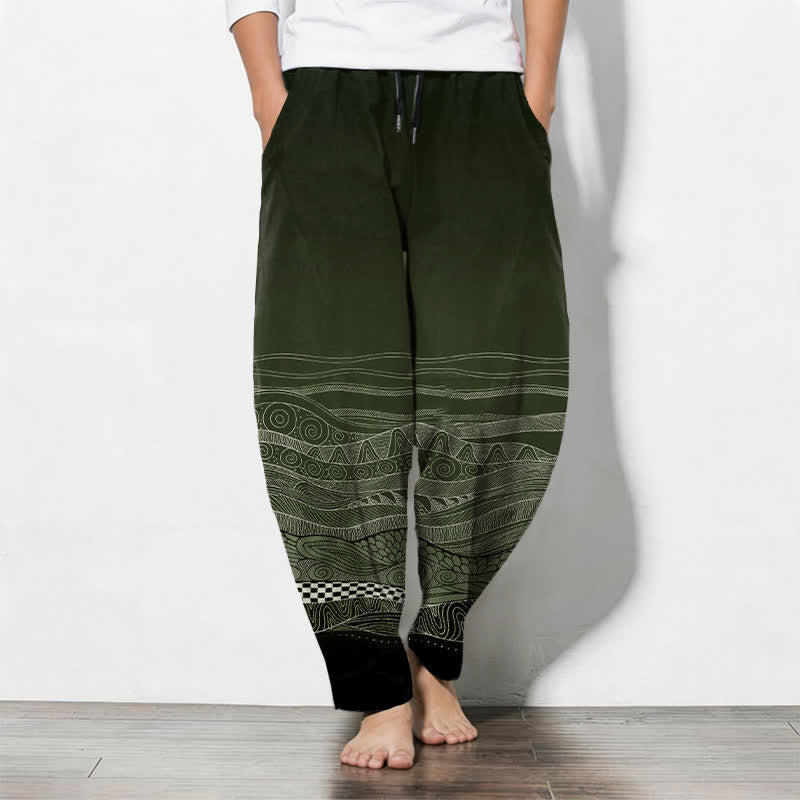 Buddha Stones Spodnie męskie zwężane z czystej bawełny z motywem falistym i ściągaczem, z kieszeniami - DarkOliveGreen - US/UK/AU50, EU60 (5XL) - image 11