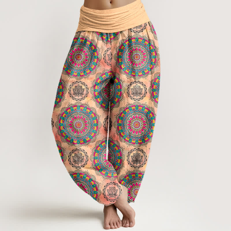 Buddha Stones Bawełniane spodnie haremki damskie z elastycznym pasem i wzorem mandali w stylu boho - PeachPuff - US16, UK/AU20, EU48 (3XL) - image 8