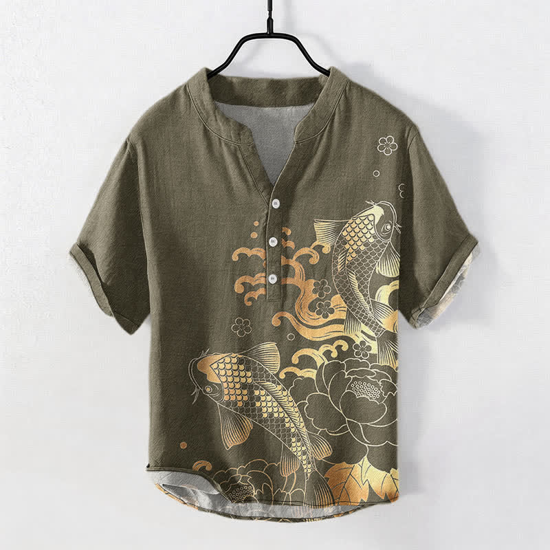 Buddha Stones Koszula męska z krótkim rękawem i nadrukiem ryby koi z motywem piwonii, zapinana na pół guzika - Ciemny Khaki - US/UK/AU50, EU60 (5XL) - image 0